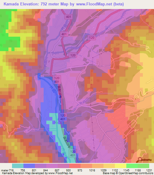 Kamada,Japan Elevation Map
