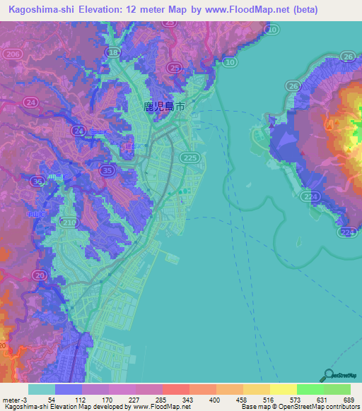 Kagoshima-shi,Japan Elevation Map
