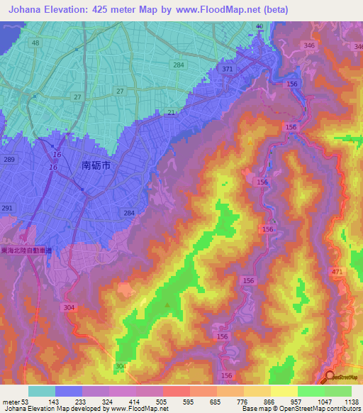 Johana,Japan Elevation Map