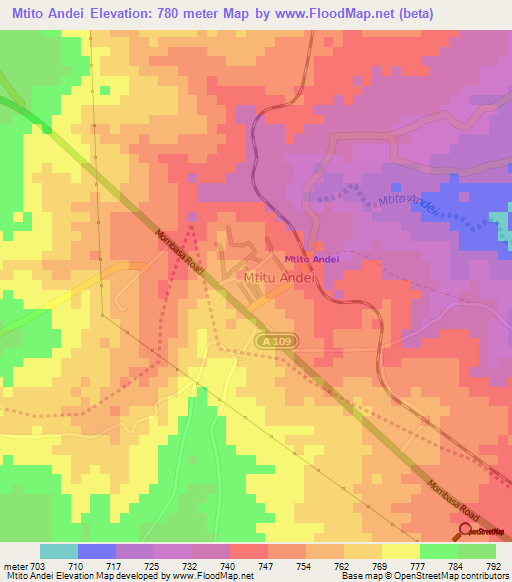 Mtito Andei,Kenya Elevation Map