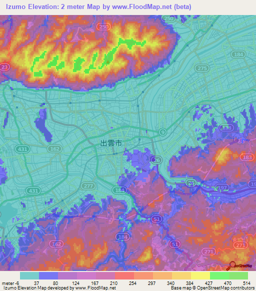 Izumo,Japan Elevation Map