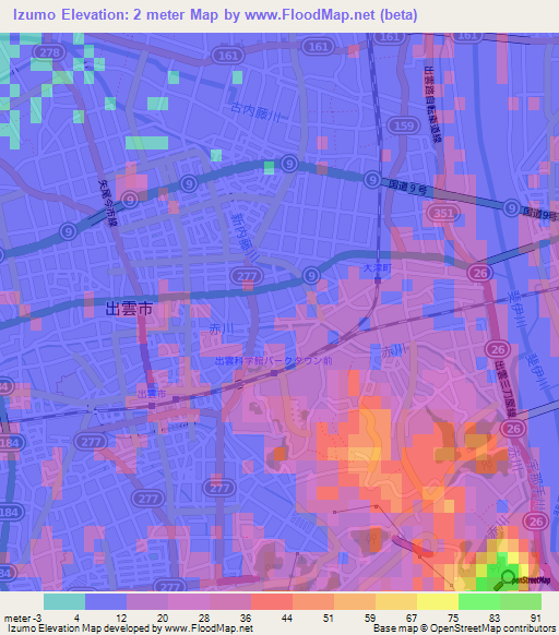 Izumo,Japan Elevation Map