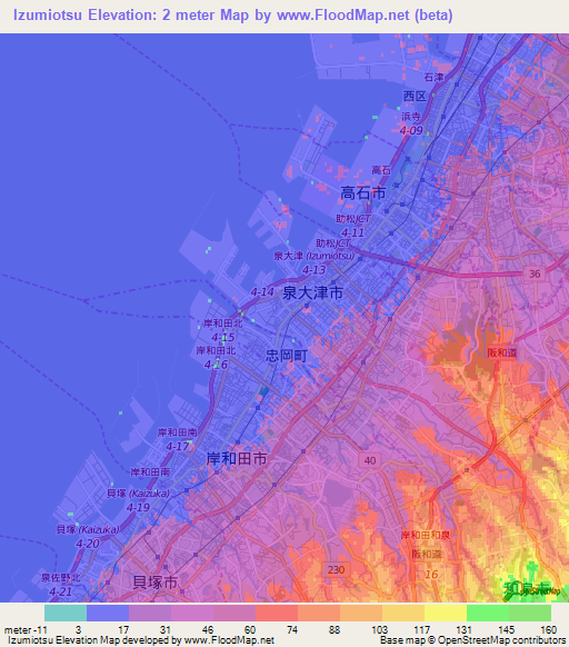 Izumiotsu,Japan Elevation Map