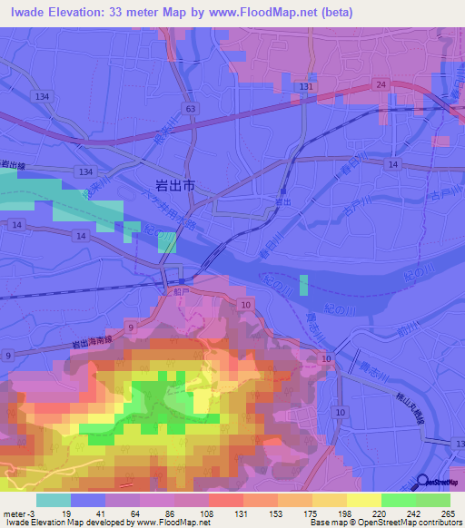 Iwade,Japan Elevation Map
