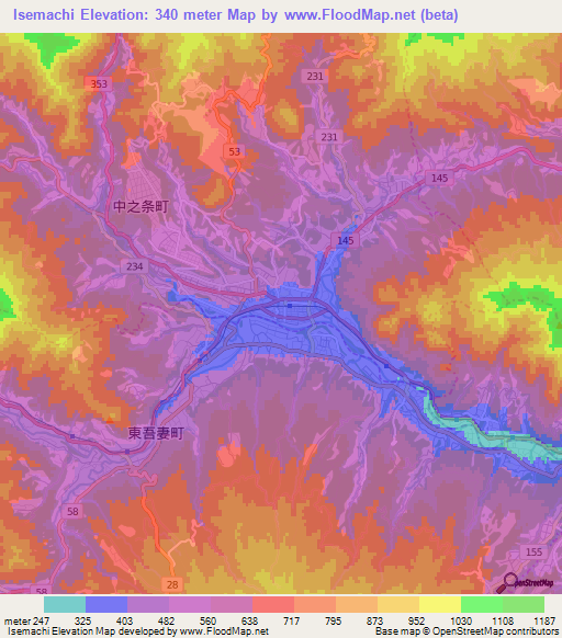 Isemachi,Japan Elevation Map