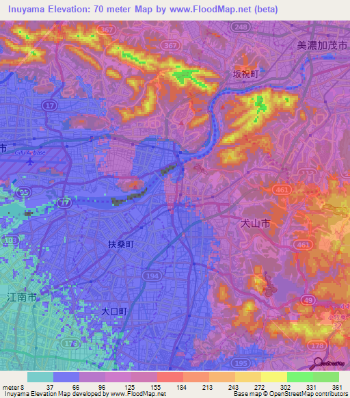 Inuyama,Japan Elevation Map