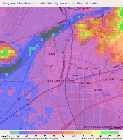 Inuyama,Japan Elevation Map