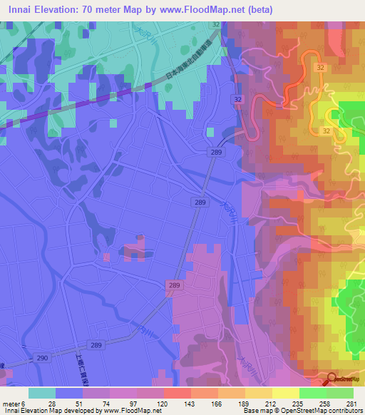 Innai,Japan Elevation Map