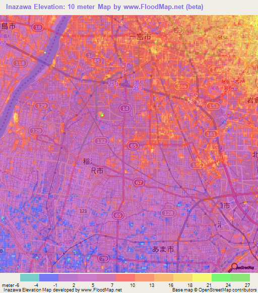 Inazawa,Japan Elevation Map