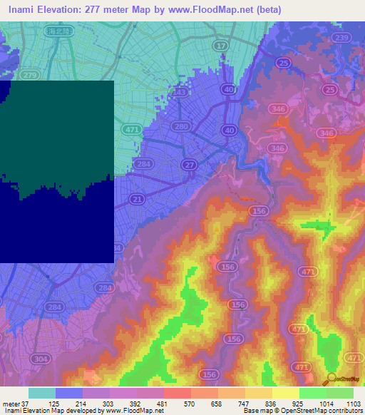 Inami,Japan Elevation Map