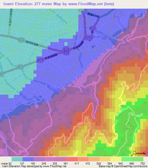 Inami,Japan Elevation Map
