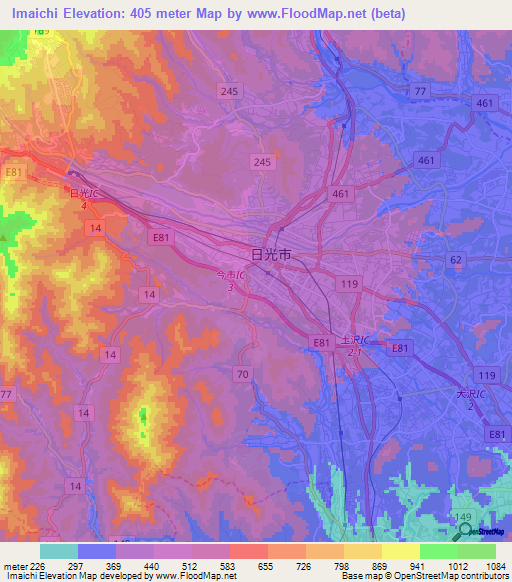 Imaichi,Japan Elevation Map