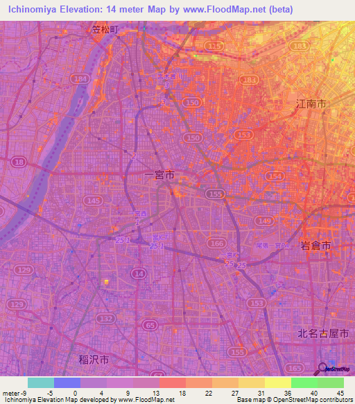 Ichinomiya,Japan Elevation Map