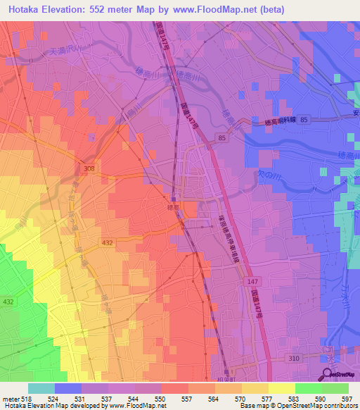 Hotaka,Japan Elevation Map