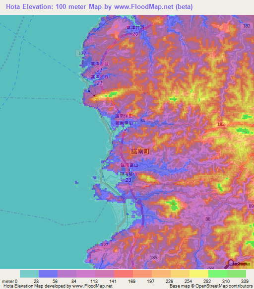 Hota,Japan Elevation Map