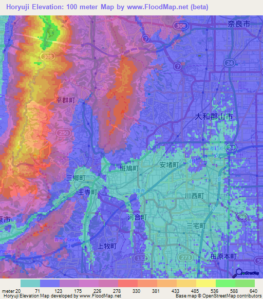 Horyuji,Japan Elevation Map