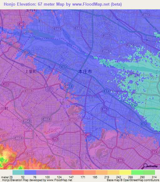 Honjo,Japan Elevation Map