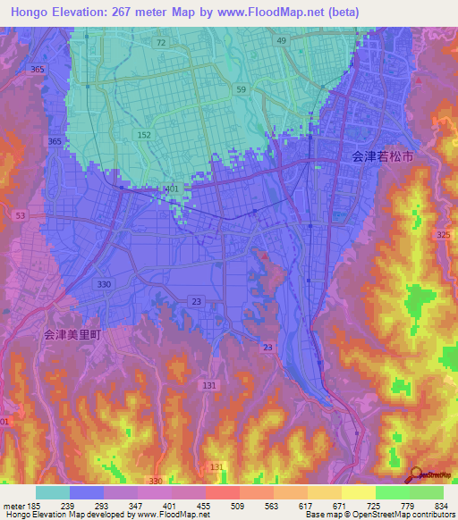Hongo,Japan Elevation Map
