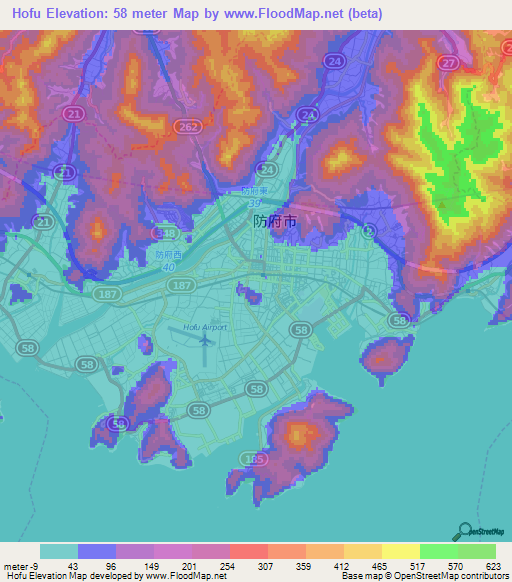 Hofu,Japan Elevation Map