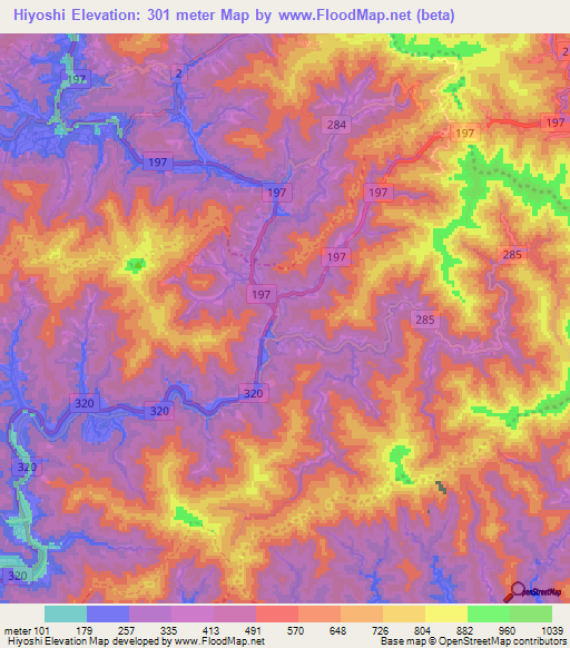 Hiyoshi,Japan Elevation Map