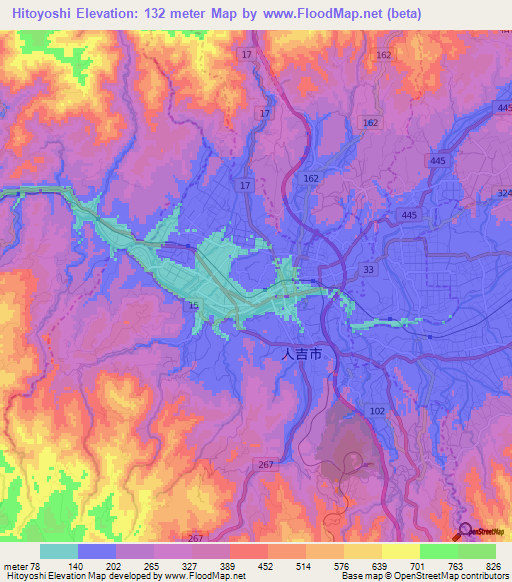 Hitoyoshi,Japan Elevation Map