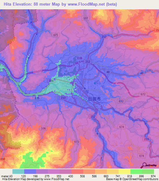 Hita,Japan Elevation Map