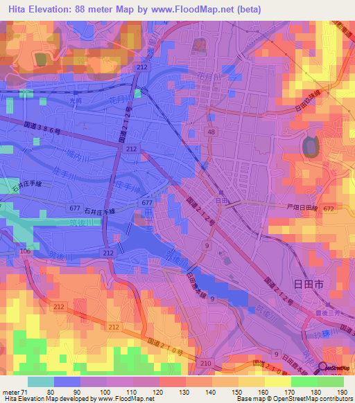 Hita,Japan Elevation Map