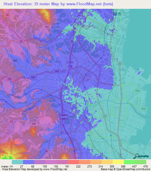 Hisai,Japan Elevation Map
