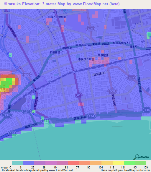 Hiratsuka,Japan Elevation Map