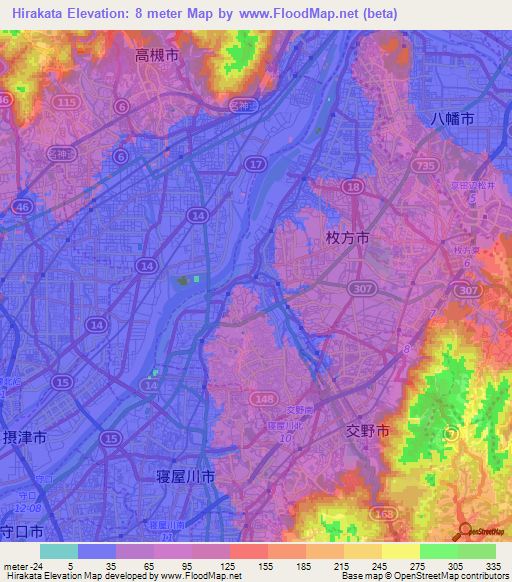 Hirakata,Japan Elevation Map
