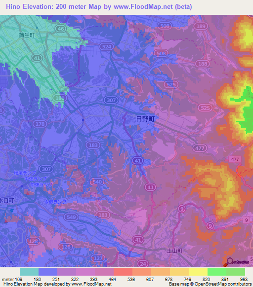 Hino,Japan Elevation Map
