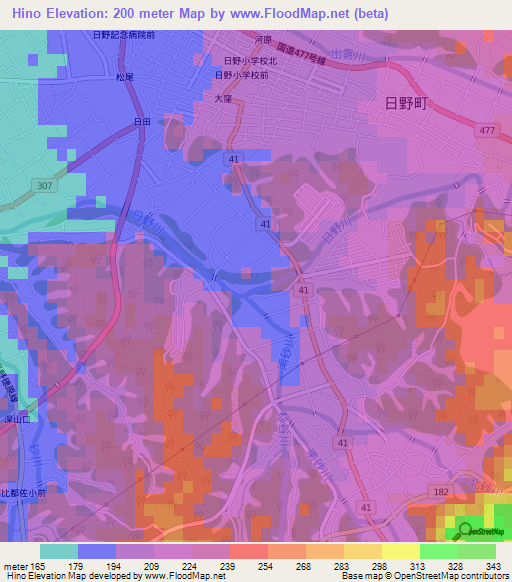 Hino,Japan Elevation Map