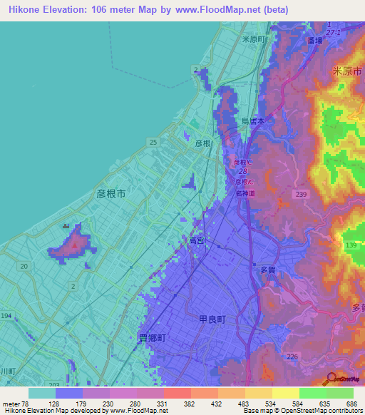 Hikone,Japan Elevation Map