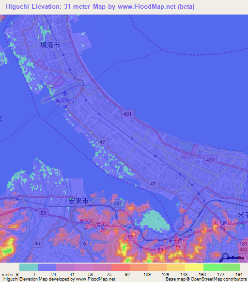 Higuchi,Japan Elevation Map