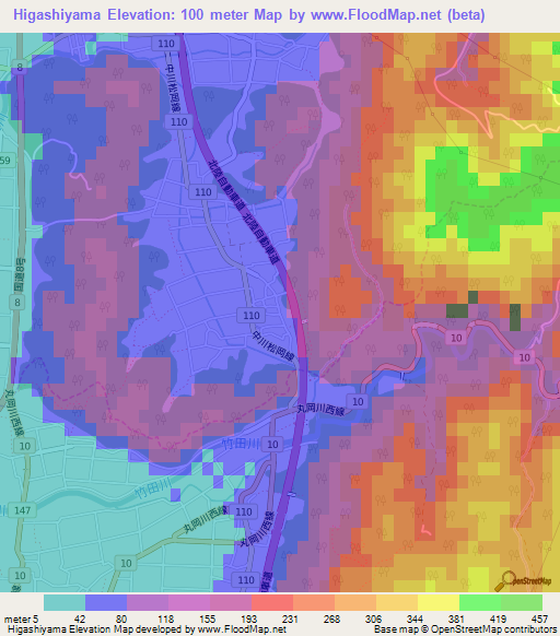 Higashiyama,Japan Elevation Map