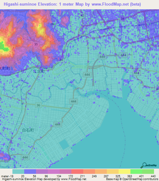 Higashi-suminoe,Japan Elevation Map
