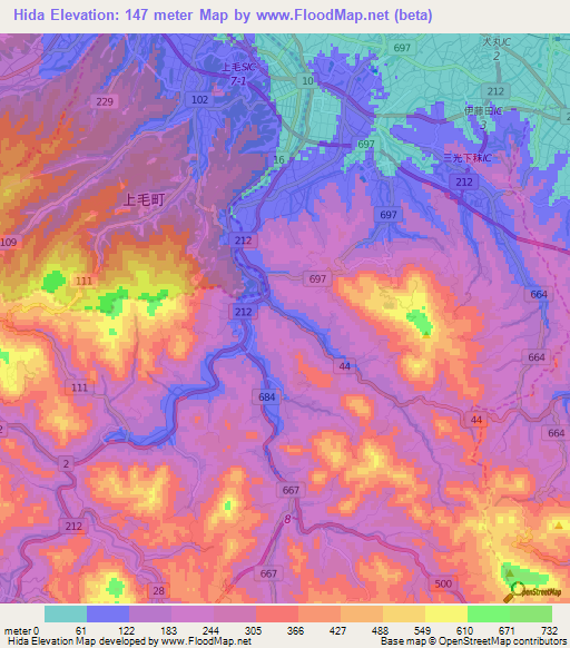Hida,Japan Elevation Map