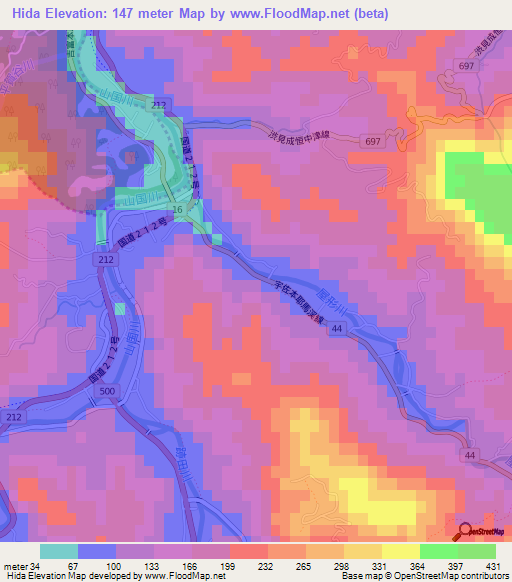 Hida,Japan Elevation Map
