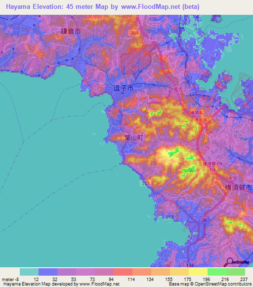 Hayama,Japan Elevation Map