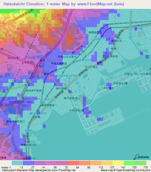 Hatsukaichi,Japan Elevation Map