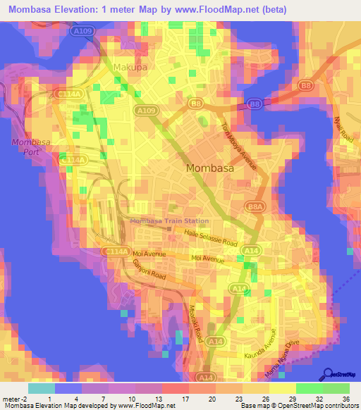 Mombasa,Kenya Elevation Map