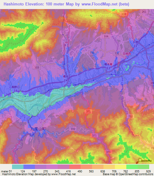 Hashimoto,Japan Elevation Map