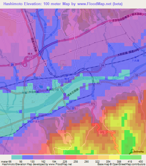 Hashimoto,Japan Elevation Map