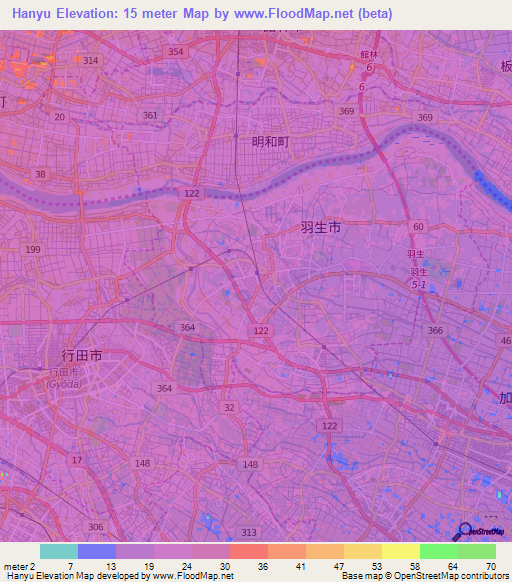 Hanyu,Japan Elevation Map