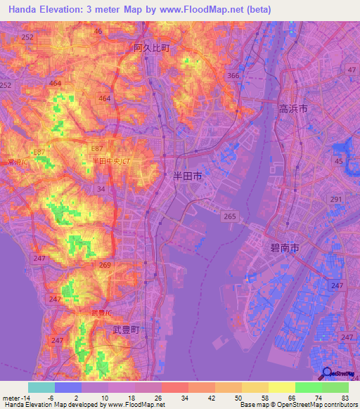 Handa,Japan Elevation Map