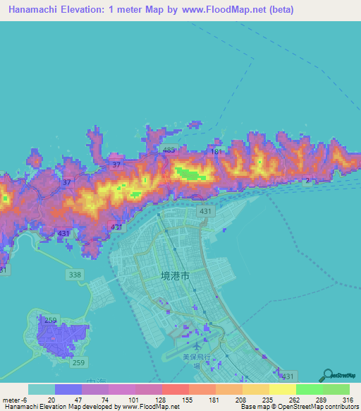 Hanamachi,Japan Elevation Map