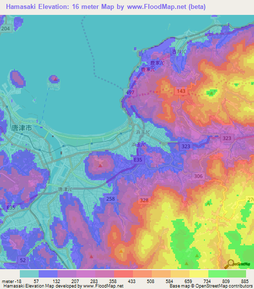 Hamasaki,Japan Elevation Map