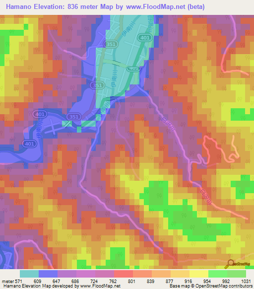 Hamano,Japan Elevation Map