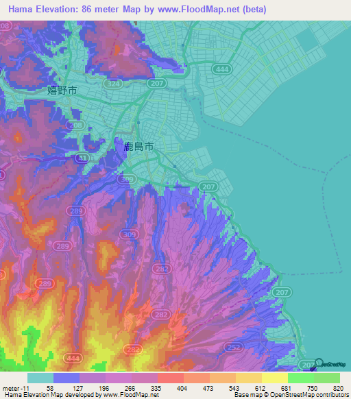 Hama,Japan Elevation Map