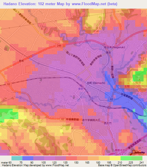 Hadano,Japan Elevation Map
